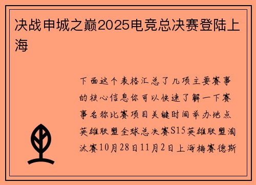 决战申城之巅2025电竞总决赛登陆上海